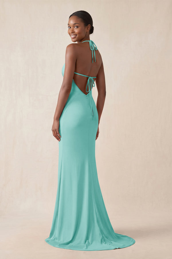 Mermaid V - Neck Satin Bridesmaid Dress With Slit in Aqua - KissProm Bridesmaid Dresses