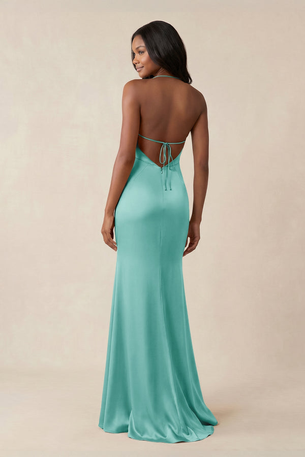 Mermaid V - Neck Satin Bridesmaid Dress With Slit in Aqua - KissProm Bridesmaid Dresses