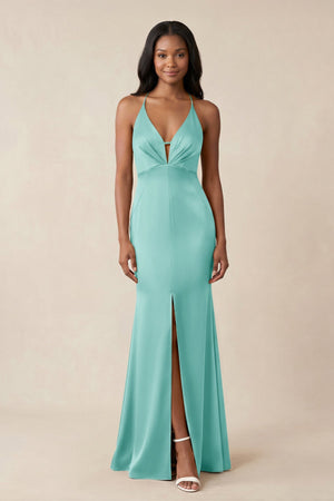 Mermaid V - Neck Satin Bridesmaid Dress With Slit in Aqua - KissProm Bridesmaid Dresses
