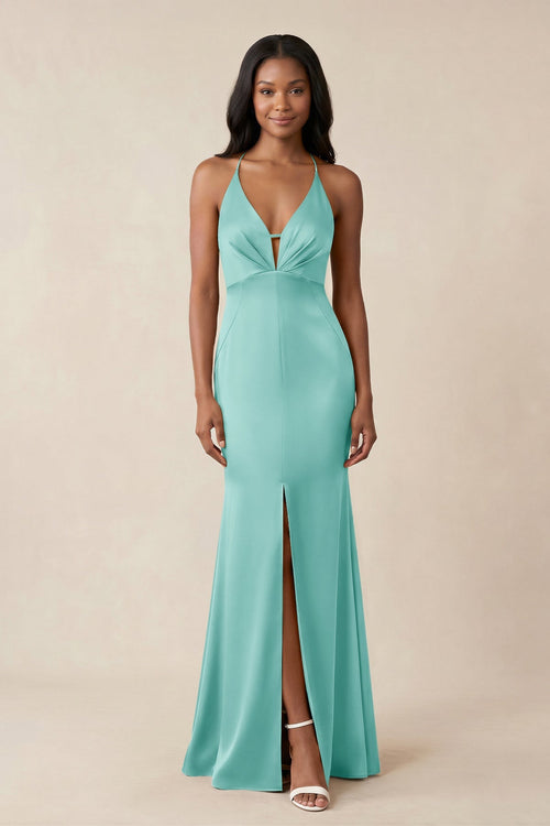 Mermaid V - Neck Satin Bridesmaid Dress With Slit in Aqua - KissProm Bridesmaid Dresses