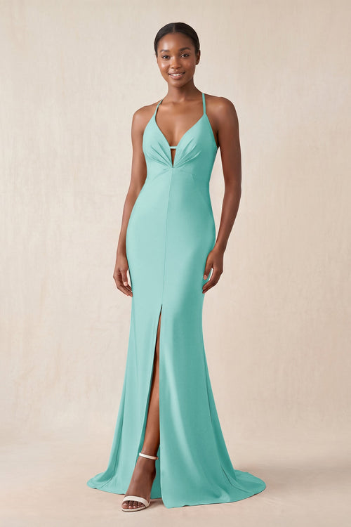 Mermaid V - Neck Satin Bridesmaid Dress With Slit in Aqua - KissProm Bridesmaid Dresses