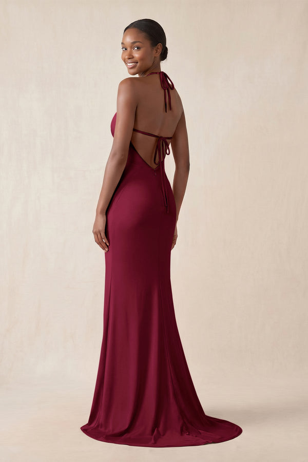 Mermaid V - Neck Satin Bridesmaid Dress With Slit in Berry - KissProm Bridesmaid Dresses