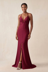 Mermaid V - Neck Satin Bridesmaid Dress With Slit in Berry - KissProm Bridesmaid Dresses