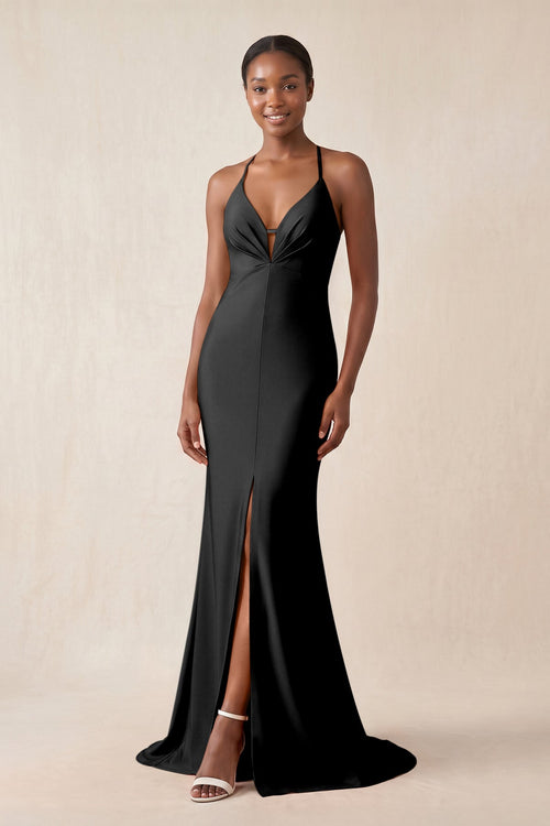 Mermaid V - Neck Satin Bridesmaid Dress With Slit in Black - KissProm Bridesmaid Dresses