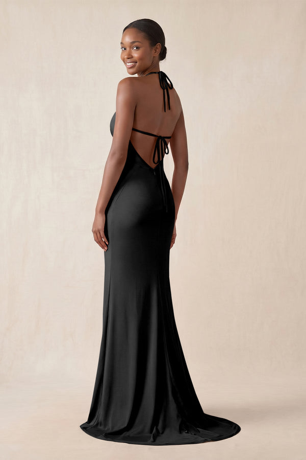 Mermaid V - Neck Satin Bridesmaid Dress With Slit in Black - KissProm Bridesmaid Dresses