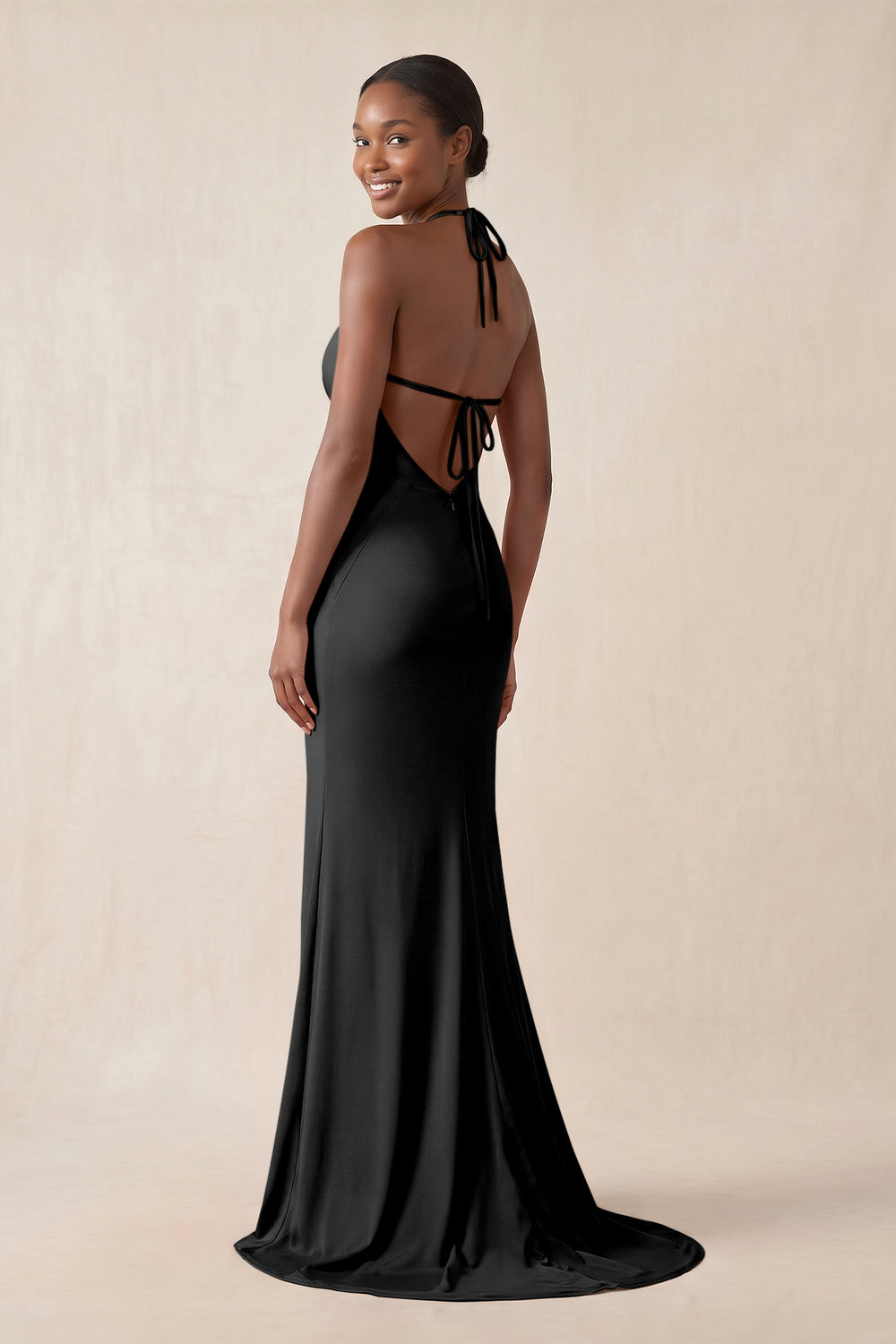 Mermaid V - Neck Satin Bridesmaid Dress With Slit in Black - KissProm Bridesmaid Dresses