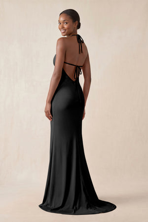 Mermaid V - Neck Satin Bridesmaid Dress With Slit in Black - KissProm Bridesmaid Dresses