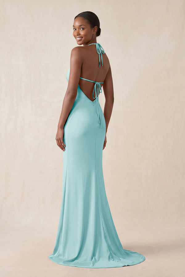 Mermaid V - Neck Satin Bridesmaid Dress With Slit in Bleached Aqua - KissProm Bridesmaid Dresses