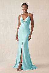 Mermaid V - Neck Satin Bridesmaid Dress With Slit in Bleached Aqua - KissProm Bridesmaid Dresses