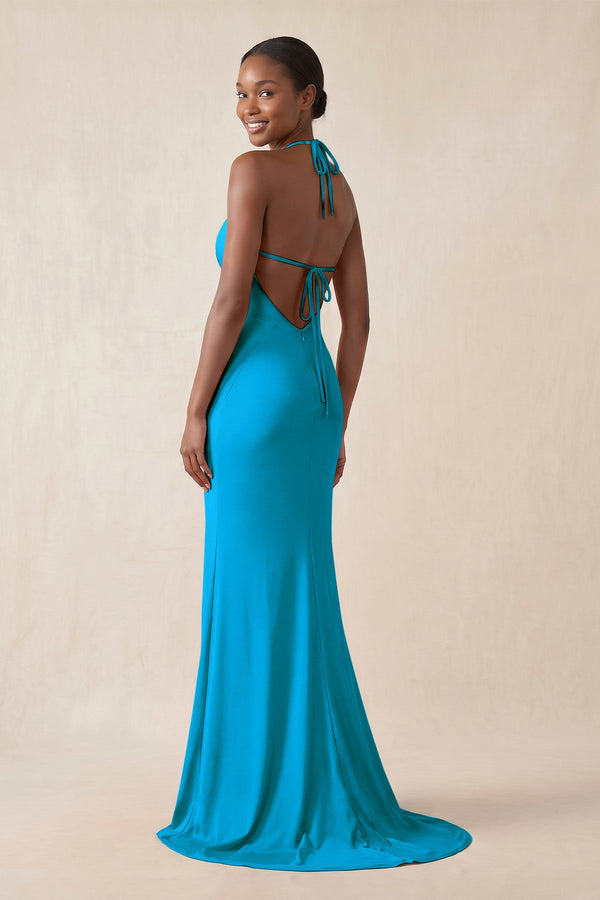 Mermaid V - Neck Satin Bridesmaid Dress With Slit in Blue Jay - KissProm Bridesmaid Dresses