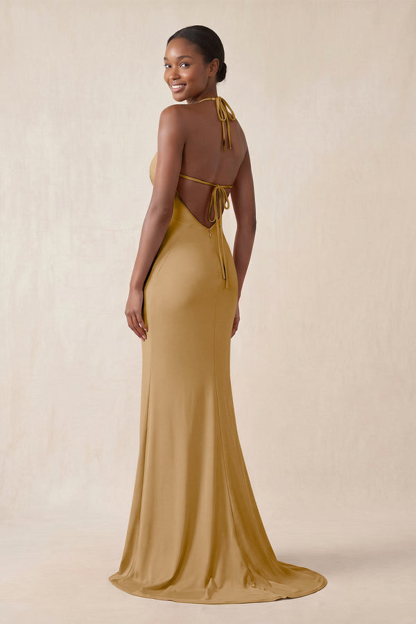 Mermaid V - Neck Satin Bridesmaid Dress With Slit in Bronzer - KissProm Bridesmaid Dresses