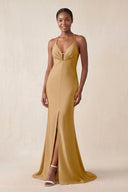 Mermaid V - Neck Satin Bridesmaid Dress With Slit in Bronzer - KissProm Bridesmaid Dresses
