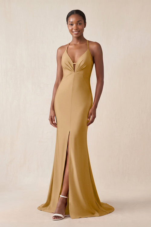 Mermaid V - Neck Satin Bridesmaid Dress With Slit in Bronzer - KissProm Bridesmaid Dresses
