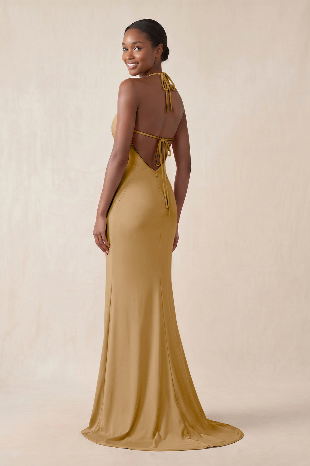 Mermaid V - Neck Satin Bridesmaid Dress With Slit in Bronzer - KissProm Bridesmaid Dresses
