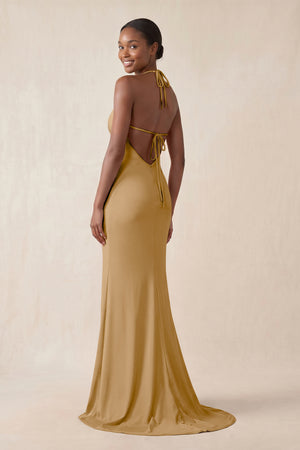 Mermaid V - Neck Satin Bridesmaid Dress With Slit in Bronzer - KissProm Bridesmaid Dresses