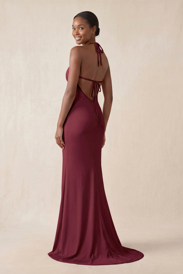 Mermaid V - Neck Satin Bridesmaid Dress With Slit in Burgundy - KissProm Bridesmaid Dresses
