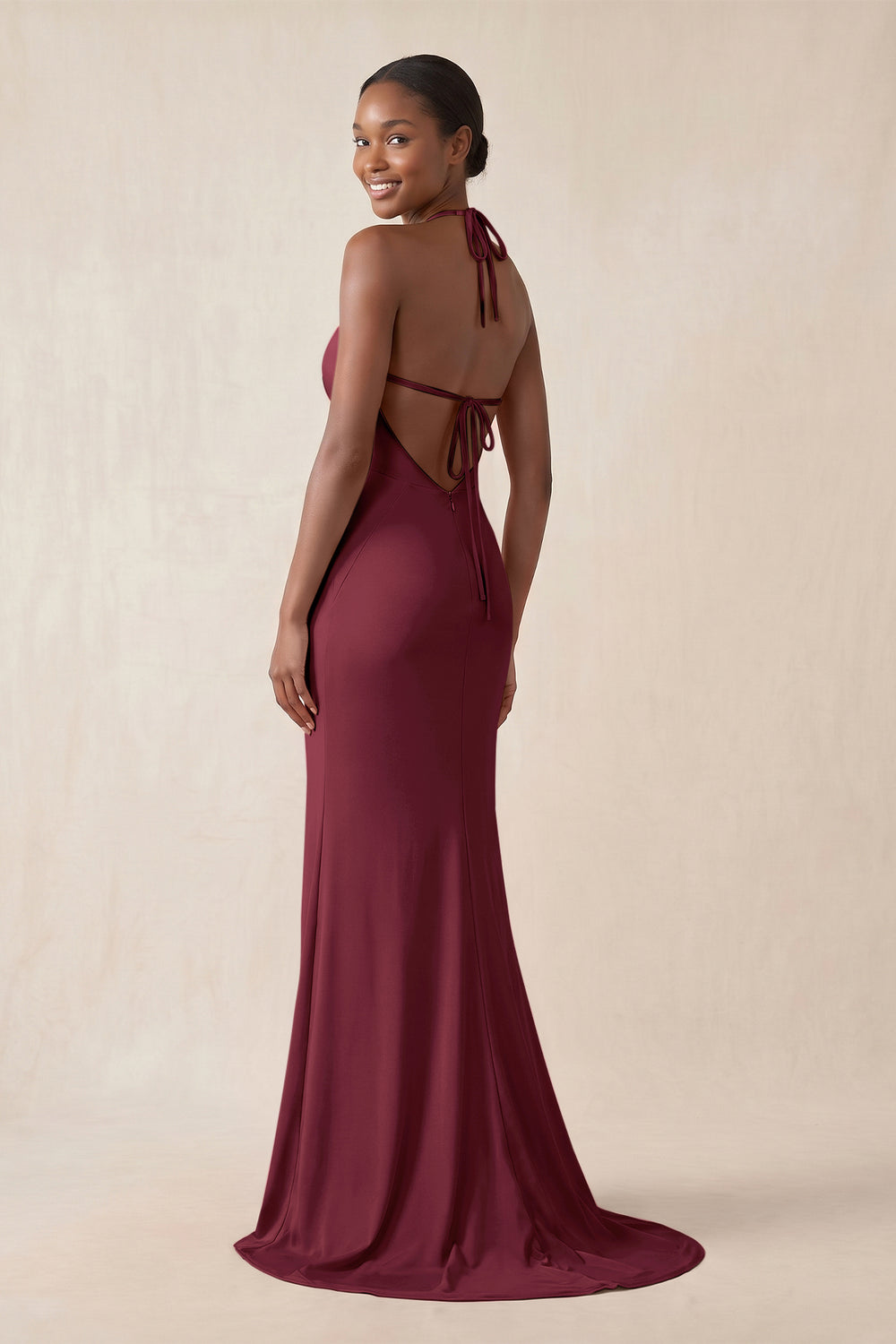 Mermaid V - Neck Satin Bridesmaid Dress With Slit in Burgundy - KissProm Bridesmaid Dresses
