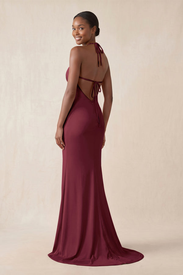 Mermaid V - Neck Satin Bridesmaid Dress With Slit in Burgundy - KissProm Bridesmaid Dresses