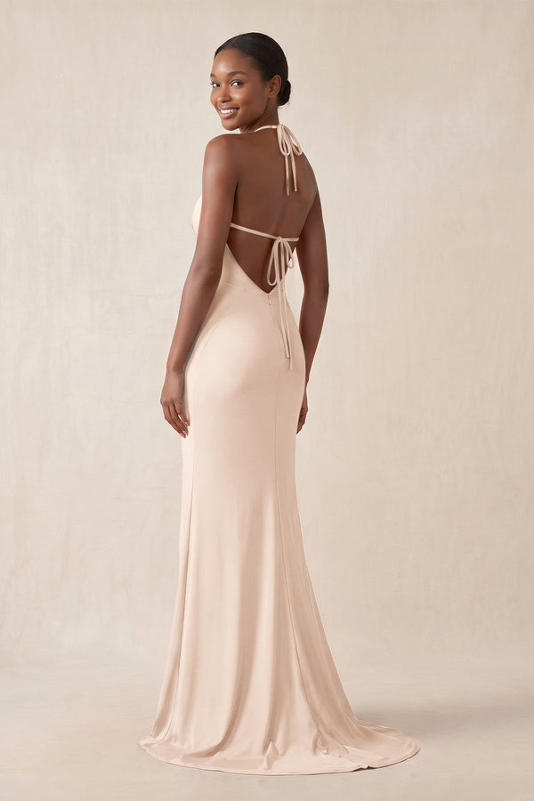 Mermaid V - Neck Satin Bridesmaid Dress With Slit in Buttercream - KissProm Bridesmaid Dresses