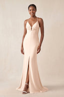 Mermaid V - Neck Satin Bridesmaid Dress With Slit in Buttercream - KissProm Bridesmaid Dresses
