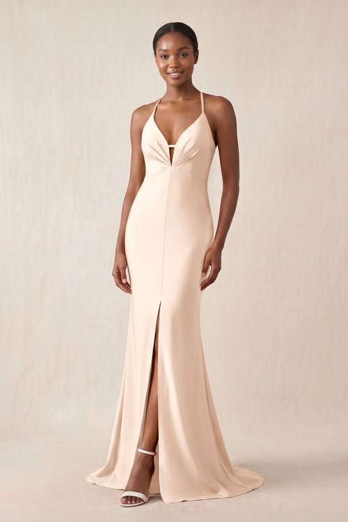 Mermaid V - Neck Satin Bridesmaid Dress With Slit in Buttercream - KissProm Bridesmaid Dresses