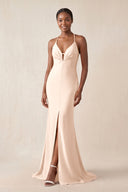 Mermaid V - Neck Satin Bridesmaid Dress With Slit in Buttercream - KissProm Bridesmaid Dresses