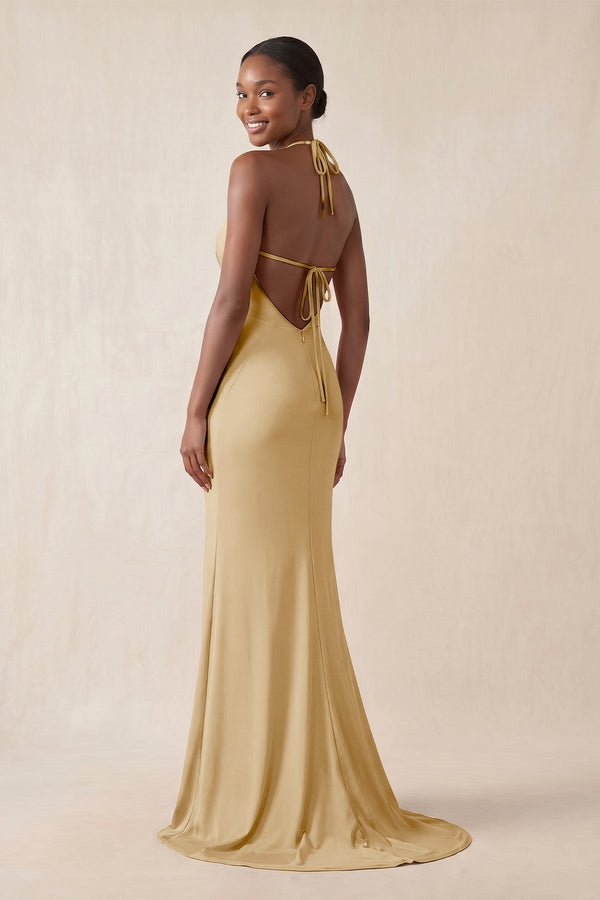 Mermaid V - Neck Satin Bridesmaid Dress With Slit in Champagne - KissProm Bridesmaid Dresses