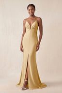 Mermaid V - Neck Satin Bridesmaid Dress With Slit in Champagne - KissProm Bridesmaid Dresses