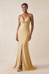 Mermaid V - Neck Satin Bridesmaid Dress With Slit in Champagne - KissProm Bridesmaid Dresses