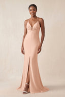 Mermaid V - Neck Satin Bridesmaid Dress With Slit in Champagne Rose - KissProm Bridesmaid Dresses