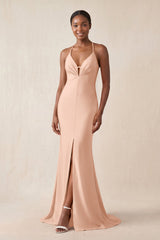 Mermaid V - Neck Satin Bridesmaid Dress With Slit in Champagne Rose - KissProm Bridesmaid Dresses
