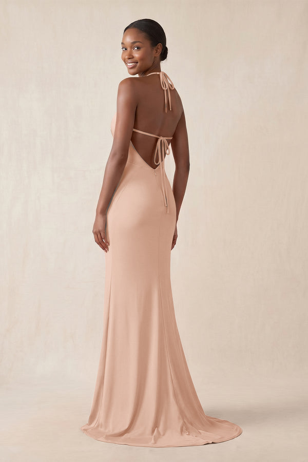 Mermaid V - Neck Satin Bridesmaid Dress With Slit in Champagne Rose - KissProm Bridesmaid Dresses