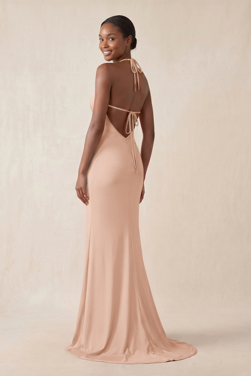 Mermaid V - Neck Satin Bridesmaid Dress With Slit in Champagne Rose - KissProm Bridesmaid Dresses