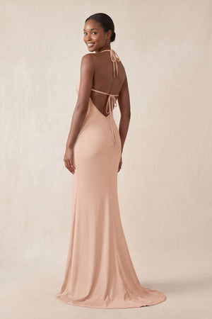 Mermaid V - Neck Satin Bridesmaid Dress With Slit in Champagne Rose - KissProm Bridesmaid Dresses