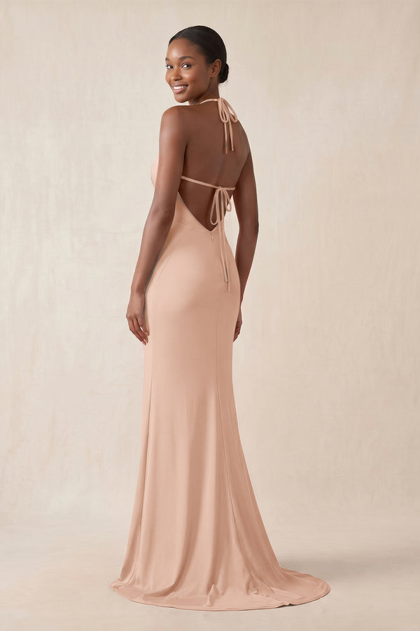 Mermaid V - Neck Satin Bridesmaid Dress With Slit in Champagne Rose - KissProm Bridesmaid Dresses