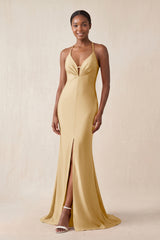 Mermaid V - Neck Satin Bridesmaid Dress With Slit in Champagne - KissProm Bridesmaid Dresses