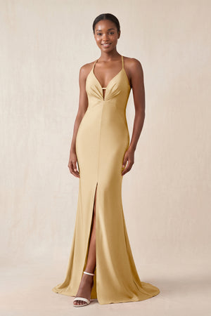 Mermaid V - Neck Satin Bridesmaid Dress With Slit in Champagne - KissProm Bridesmaid Dresses