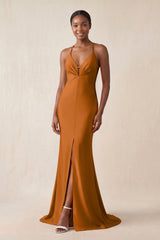 Mermaid V - Neck Satin Bridesmaid Dress With Slit in Cinnamon - KissProm Bridesmaid Dresses