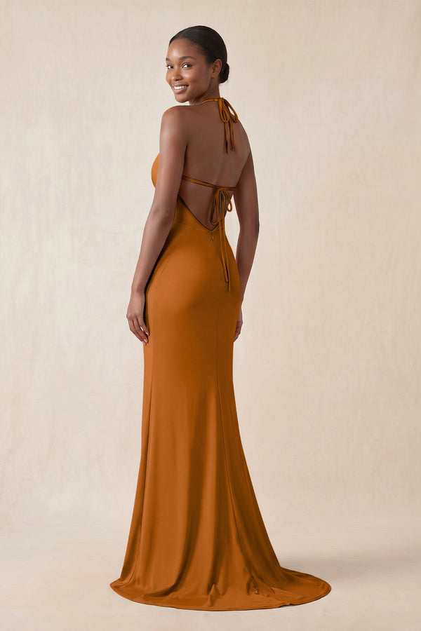 Mermaid V - Neck Satin Bridesmaid Dress With Slit in Cinnamon - KissProm Bridesmaid Dresses