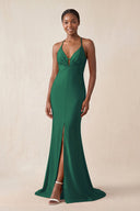 Mermaid V - Neck Satin Bridesmaid Dress With Slit in Dark Green - KissProm Bridesmaid Dresses