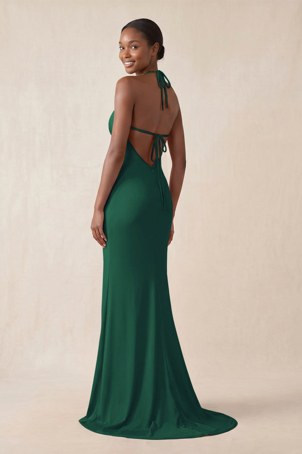 Mermaid V - Neck Satin Bridesmaid Dress With Slit in Dark Green - KissProm Bridesmaid Dresses