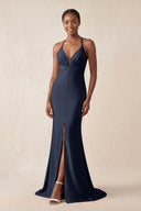 Mermaid V - Neck Satin Bridesmaid Dress With Slit in Dark Navy - KissProm Bridesmaid Dresses