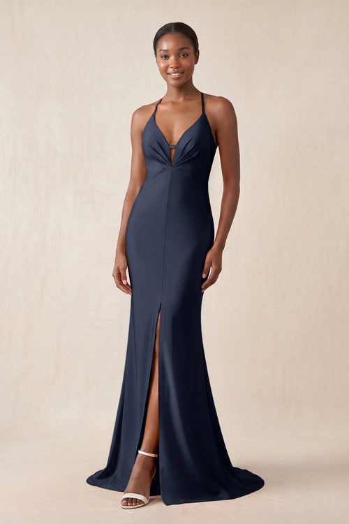 Mermaid V - Neck Satin Bridesmaid Dress With Slit in Dark Navy - KissProm Bridesmaid Dresses