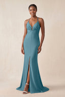 Mermaid V - Neck Satin Bridesmaid Dress With Slit in Dark Teal - KissProm Bridesmaid Dresses