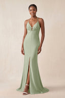 Mermaid V - Neck Satin Bridesmaid Dress With Slit in Dove Gray - KissProm Bridesmaid Dresses