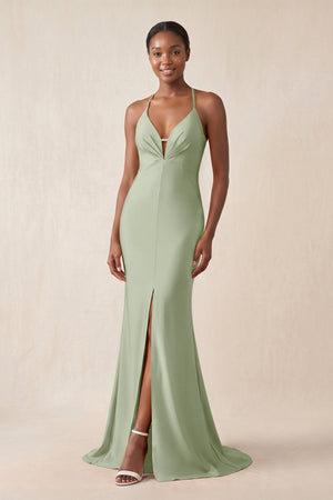 Mermaid V - Neck Satin Bridesmaid Dress With Slit in Dove Gray - KissProm Bridesmaid Dresses