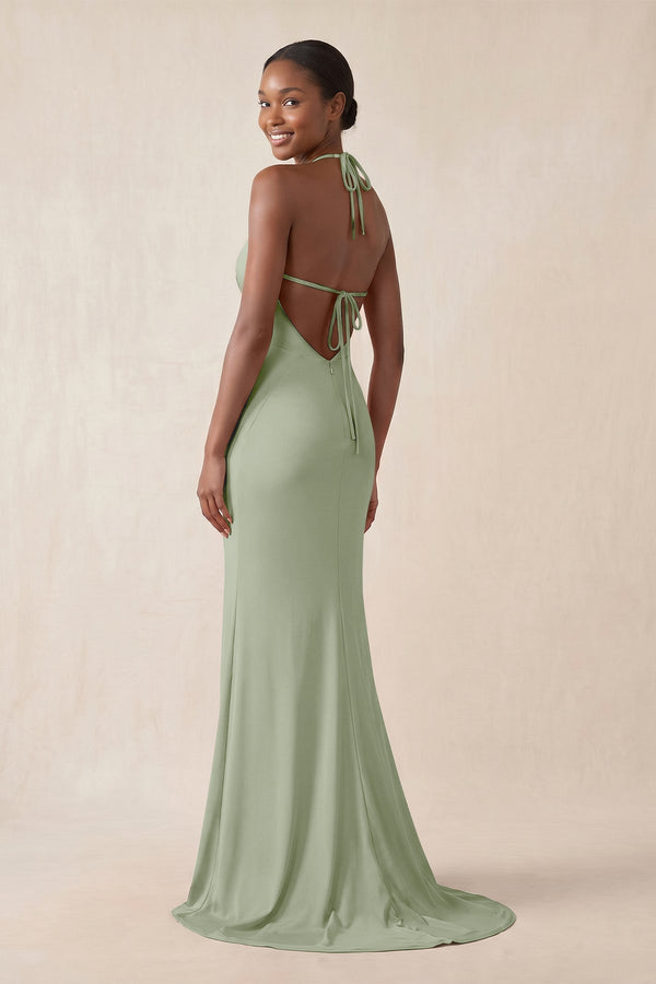 Mermaid V - Neck Satin Bridesmaid Dress With Slit in Dove Gray - KissProm Bridesmaid Dresses