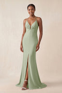 Mermaid V - Neck Satin Bridesmaid Dress With Slit in Dove Gray - KissProm Bridesmaid Dresses