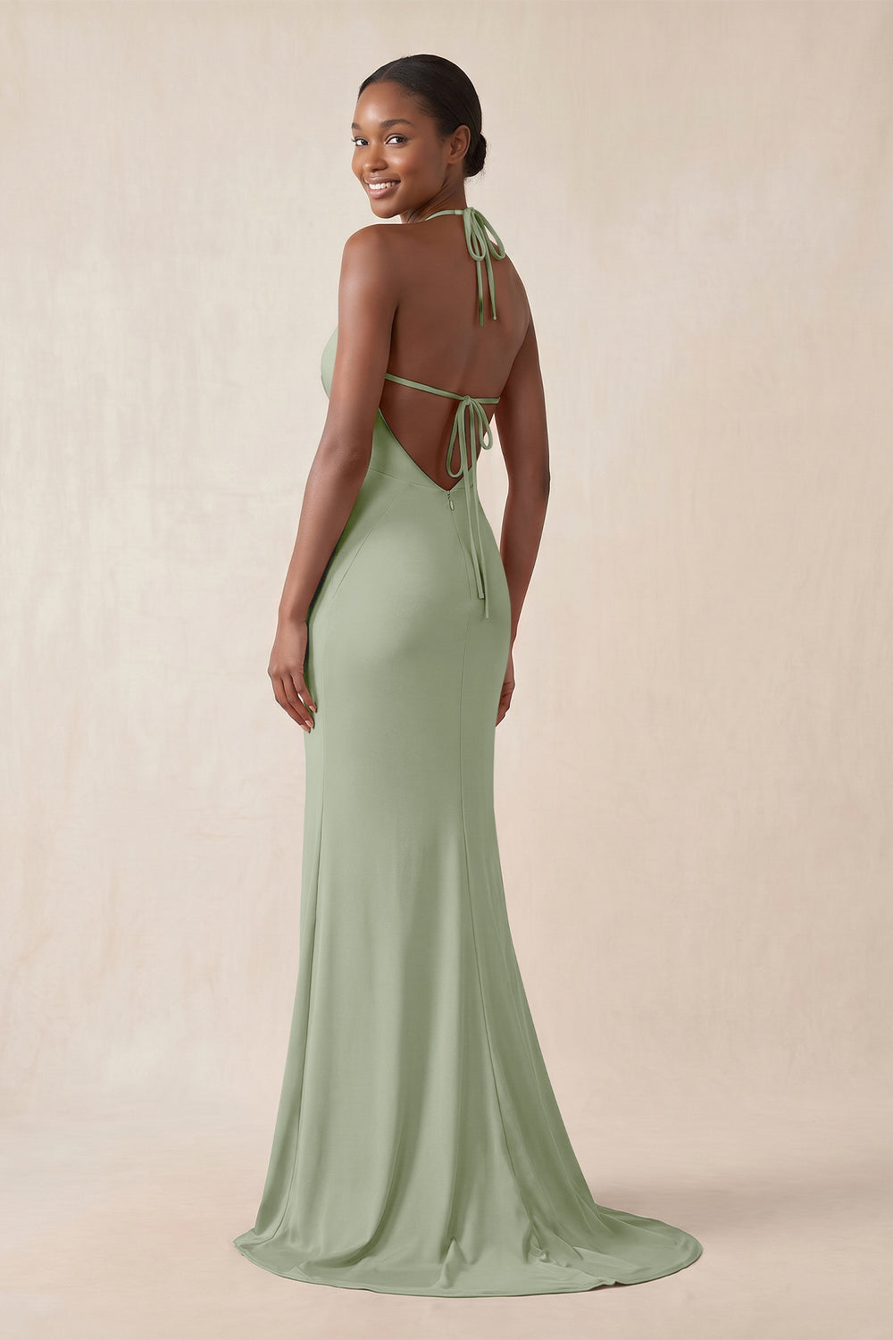 Mermaid V - Neck Satin Bridesmaid Dress With Slit in Dove Gray - KissProm Bridesmaid Dresses