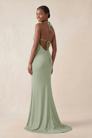 Mermaid V - Neck Satin Bridesmaid Dress With Slit in Dove Gray - KissProm Bridesmaid Dresses